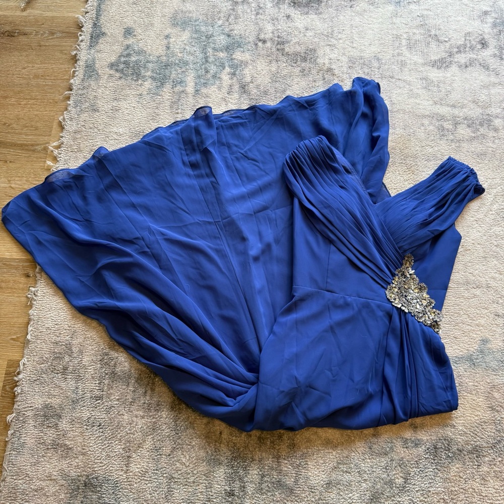 JJ’s House Royal Blue Chiffon Formal Maxi Dress Beaded Gem Ruffle Gown Small